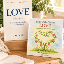 Fruit of the Spirit: LOVE Family Bundle by L. M. Duvall, featuring adult and children's Christian books displayed on a natural oak tabletop with an open journal, gold pen, soft greenery, and warm natural lighting.