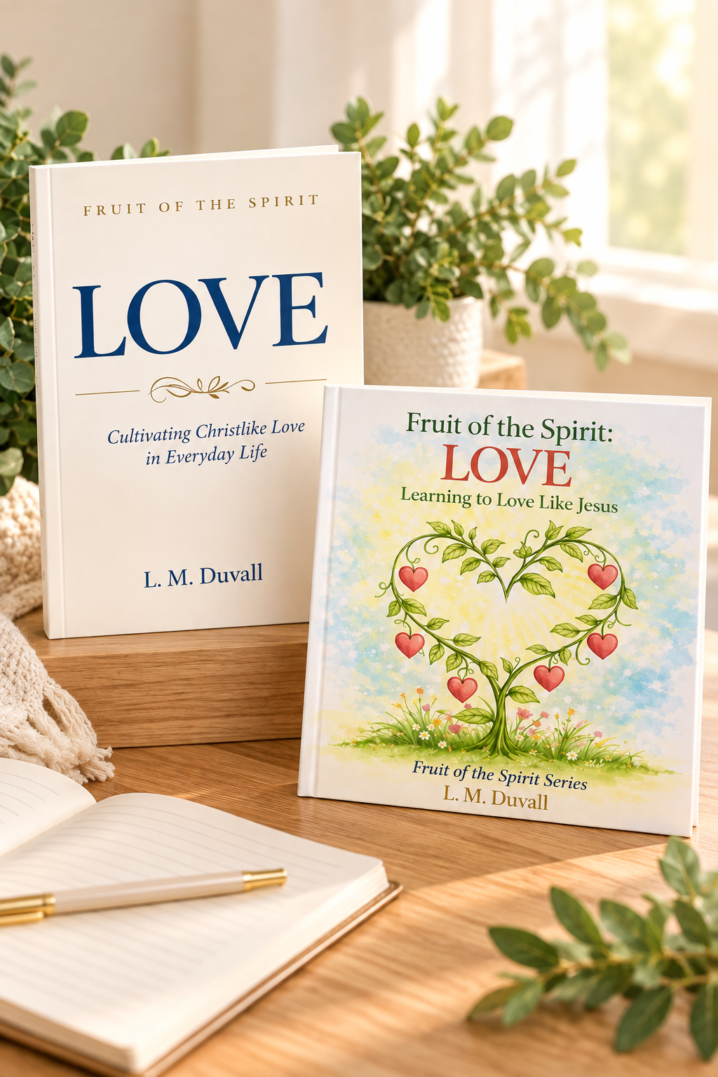 Fruit of the Spirit: LOVE Family Bundle by L. M. Duvall, featuring adult and children's Christian books displayed on a natural oak tabletop with an open journal, gold pen, soft greenery, and warm natural lighting.
