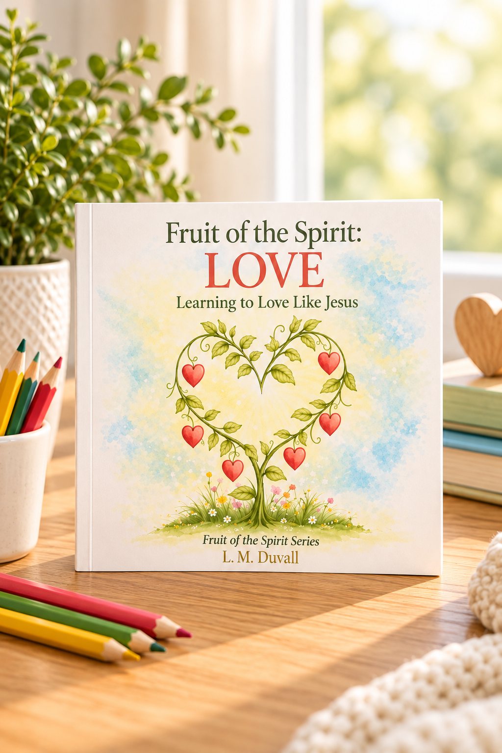 Fruit of the Spirit: LOVE – Learning to Love Like Jesus by L. M. Duvall, an 8.5 × 8.5-inch Christian children's faith activity book for ages 4–7, displayed on a light wooden tabletop with colored pencils, soft greenery, and warm natural lighting.