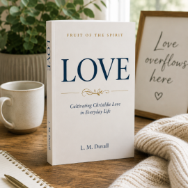 Fruit of the Spirit: LOVE Christian Bible Study by L. M. Duvall displayed with a journal and coffee in a peaceful devotional setting.