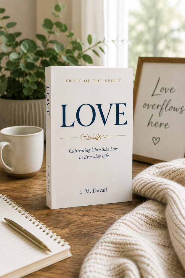Fruit of the Spirit: LOVE Christian Bible Study by L. M. Duvall displayed with a journal and coffee in a peaceful devotional setting.