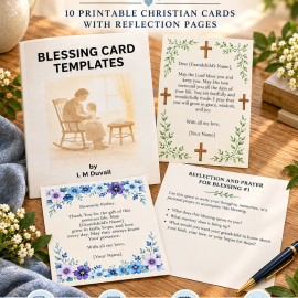 Grandparent Blessing Cards 29-page Christian printable PDF by L. M. Duvall, featuring the original booklet cover, illustrated blessing cards with floral and cross designs, and a reflection and prayer page. Includes 10 personalized blessing cards, 10 reflection pages, Scripture inspirations, and ideas for sharing faith, love, and encouragement with grandchildren.