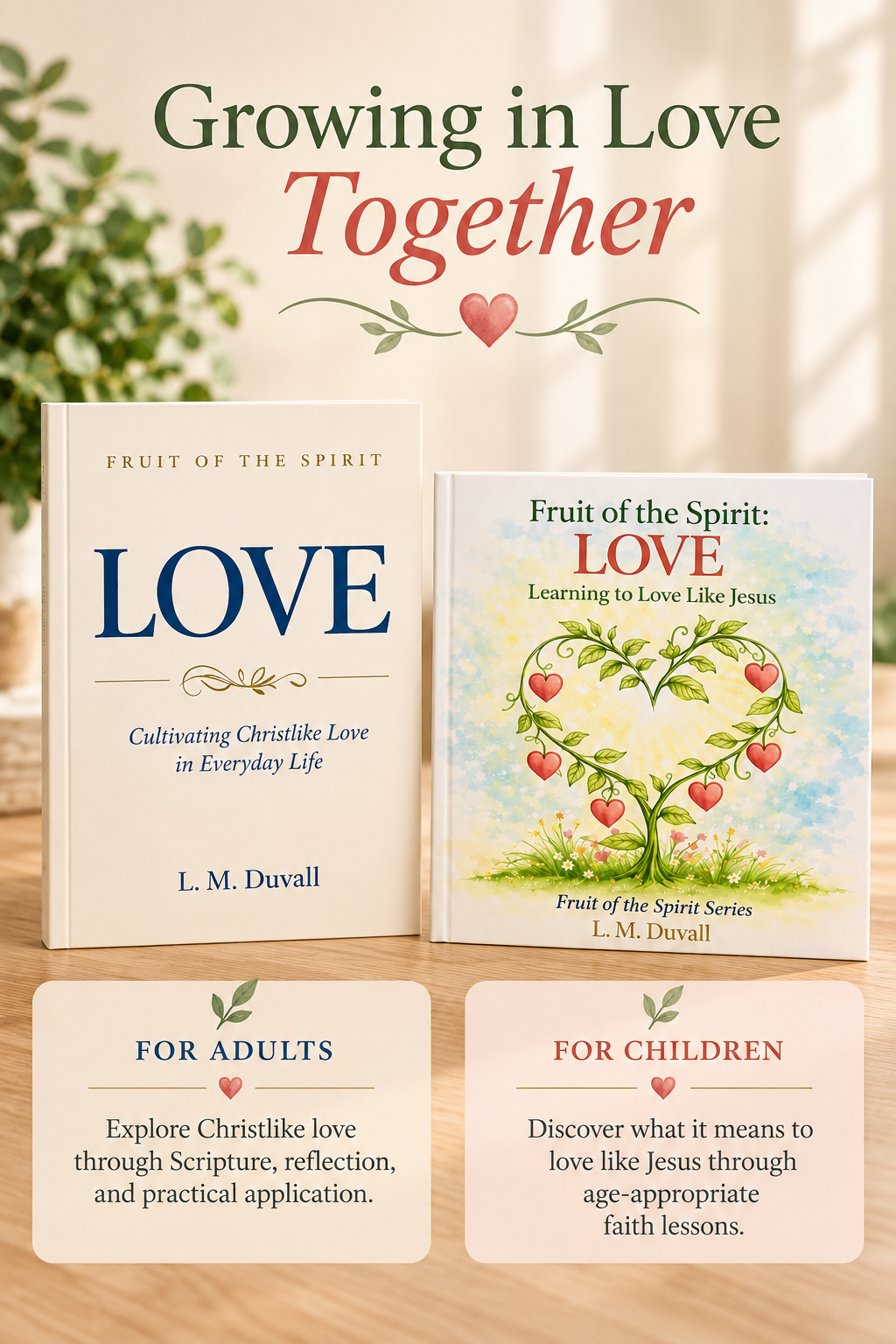 Fruit of the Spirit: LOVE Family Bundle by L. M. Duvall, featuring adult and children's Christian books with the heading “Growing in Love Together” and descriptions highlighting Scripture reflection for adults and age-appropriate faith lessons for children.
