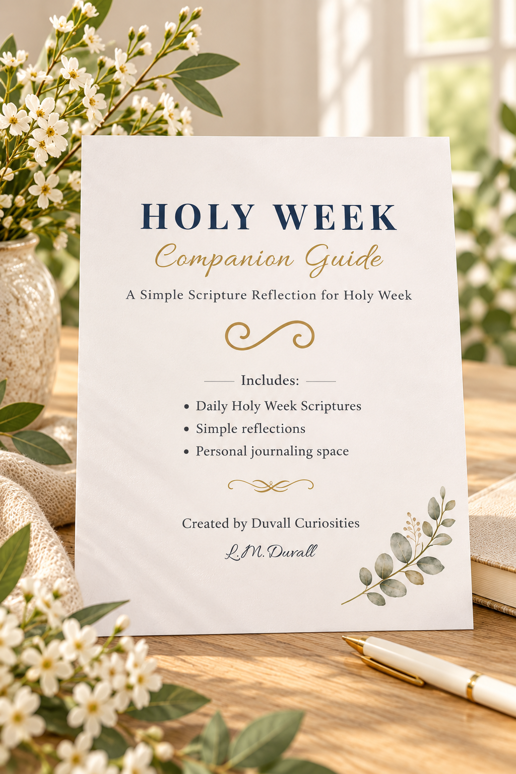 Holy Week Companion Guide free printable with daily Scripture, reflections, and journaling space displayed in a warm spring setting.