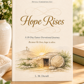 Hope Rises 10-Day Easter devotional featuring an empty tomb and sunrise, displayed in a warm spring setting.