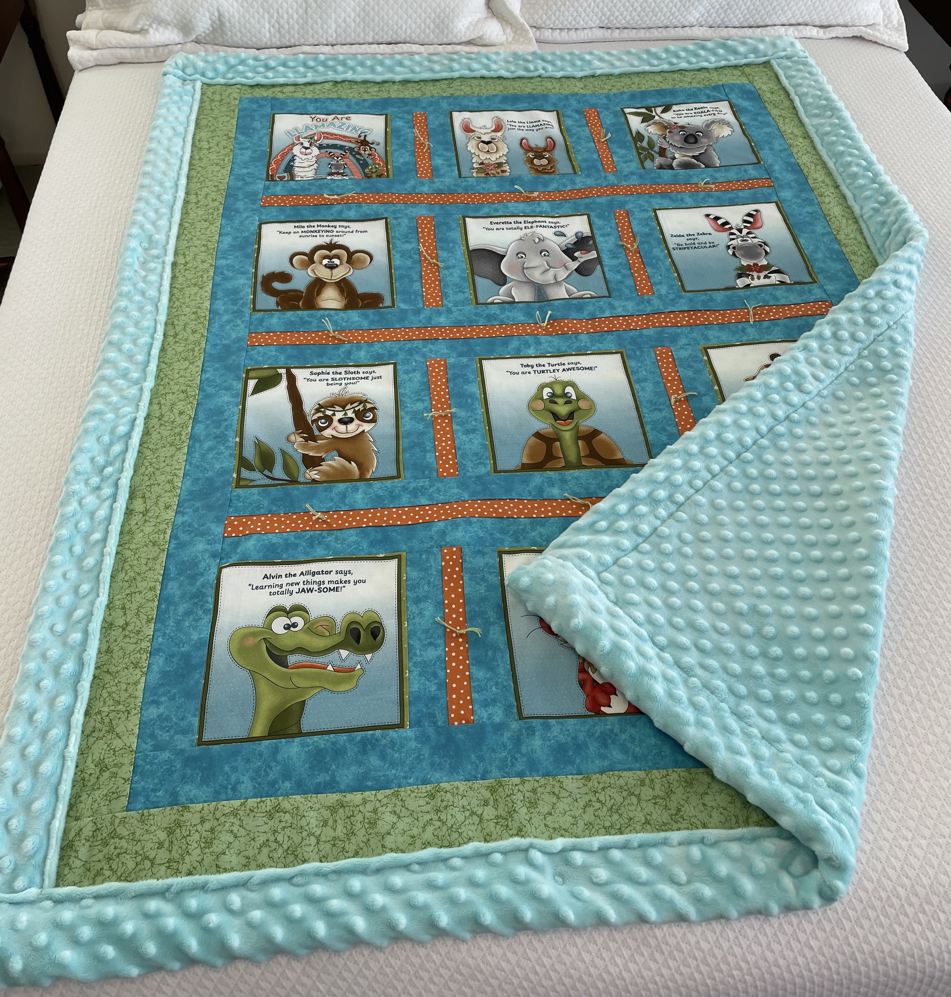 Handmade Children’s Activity Quilt with Teal Minky – 41 x 51”