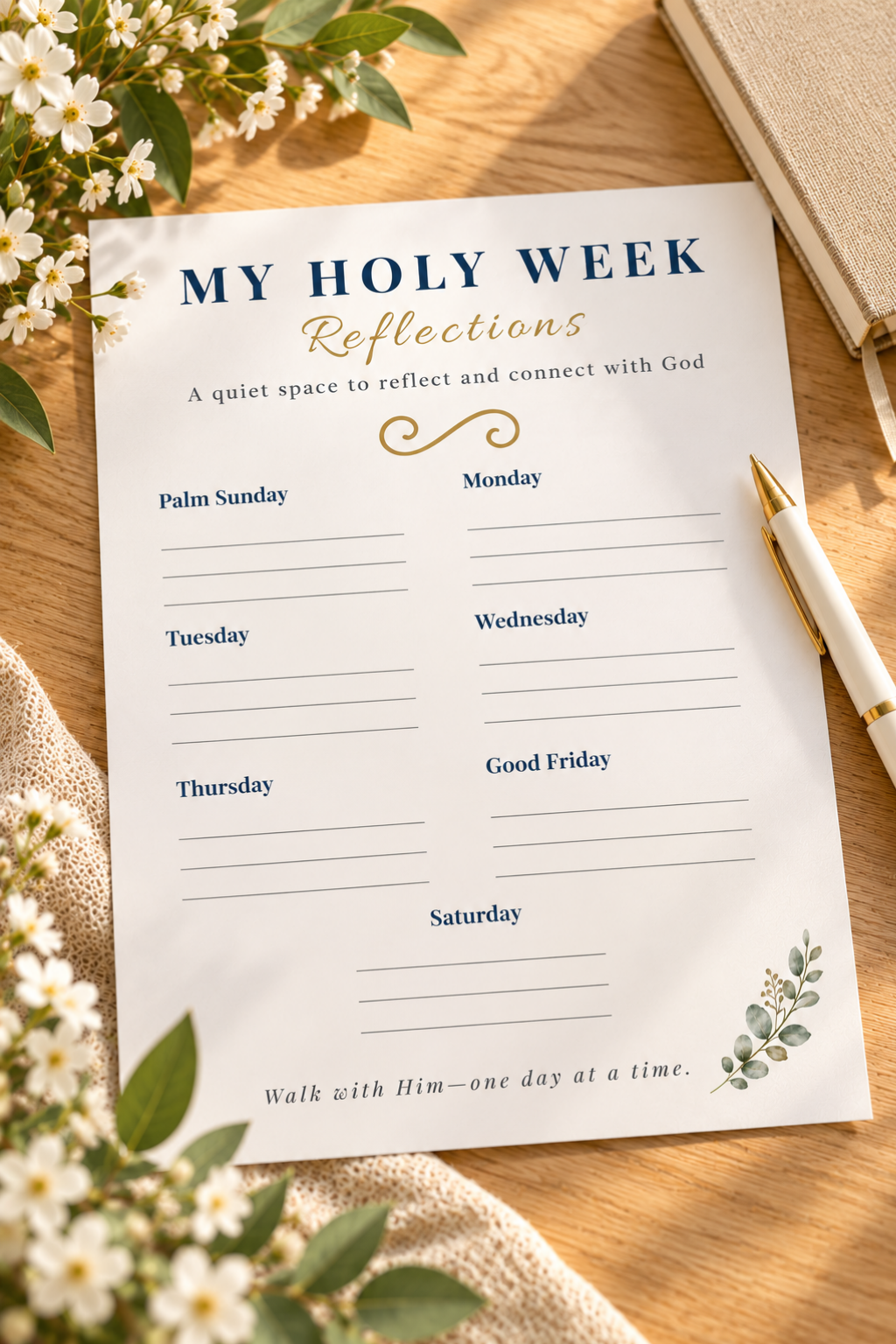 Holy Week reflections printable with journaling space for Palm Sunday through Holy Saturday, styled with spring flowers and a pen.