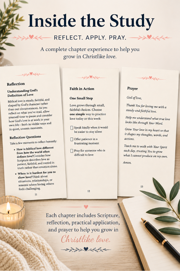 Fruit of the Spirit: LOVE adult Christian Bible study by L. M. Duvall, featuring three interior pages highlighting Scripture-based reflection, faith in action, and prayer. Displayed on a warm oak tabletop with soft greenery and a journal, illustrating opportunities to grow in Christlike love.