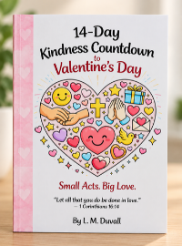 14-Day Kindness Countdown to Valentine’s Day faith-based kids activity book by L. M. Duvall on a light wood