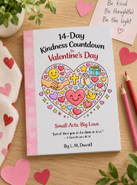 14-Day Kindness Countdown to Valentine’s Day children’s faith-based activity book surrounded by pink hearts and colored pencils.