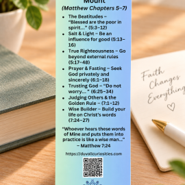 Lessons from the Mountainside Christian bookmark featuring Jesus teaching the Sermon on the Mount and Matthew 5:2–3.