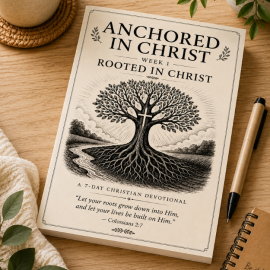 Anchored in Christ Week 1: Rooted in Christ 7-day Christian devotional displayed on a light wood desk with greenery, a pen, journal, and coffee.