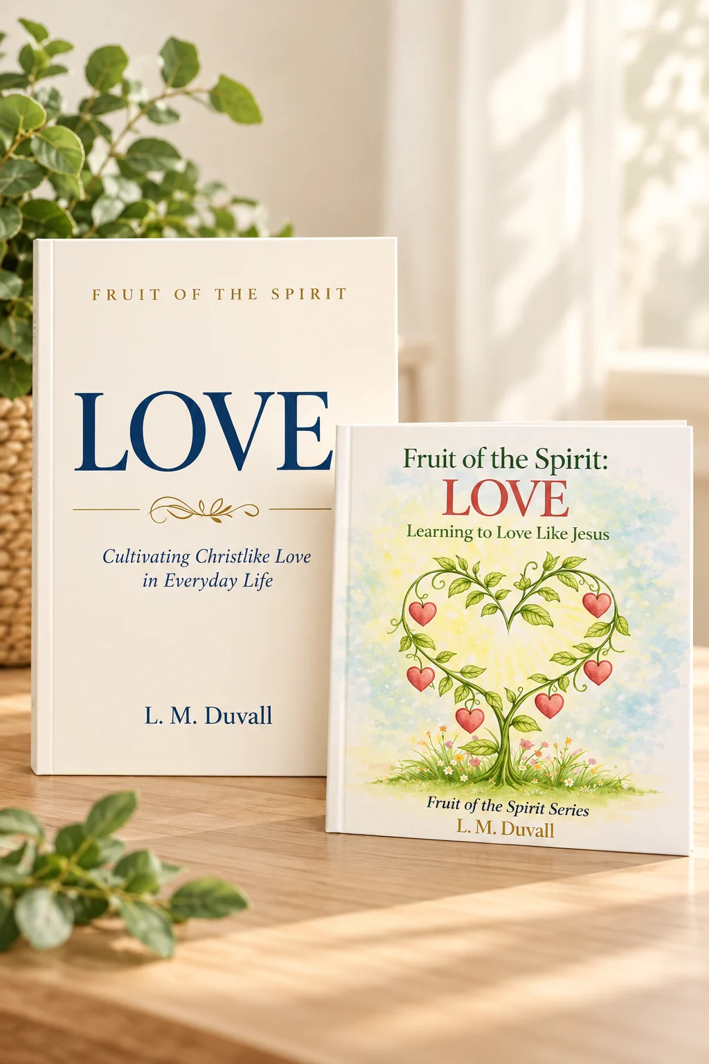 Fruit of the Spirit: LOVE Family Bundle featuring adult and children's Christian books by L. M. Duvall, displayed on a natural wood tabletop with soft lighting and greenery.