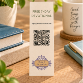 Back of One Day at a Time Christian bookmark featuring a QR code for a free 7-day devotional from Duvall Curiosities.