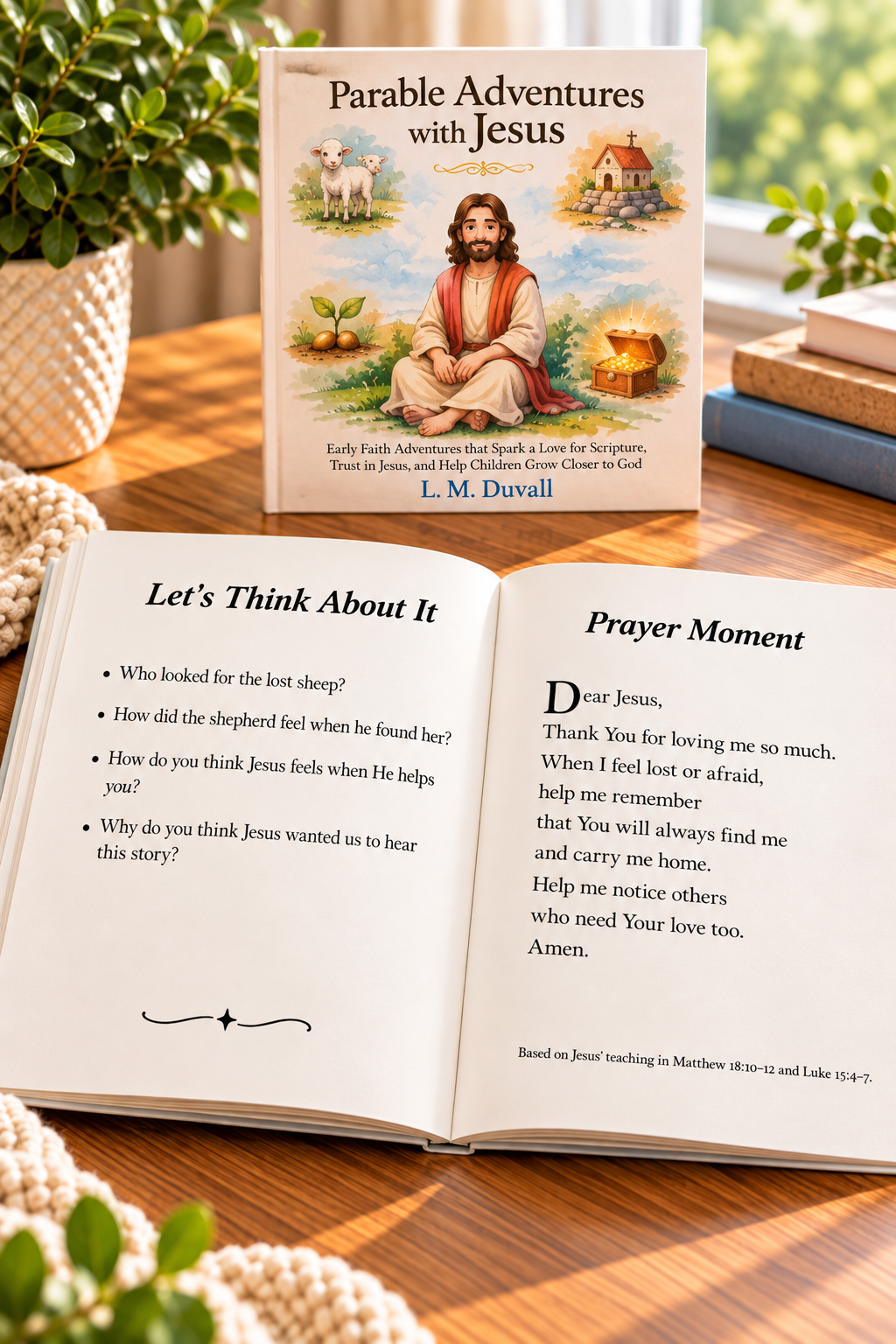 Parable Adventures with Jesus by L. M. Duvall, a Christian children’s book for ages 4–7, displayed on a warm wooden tabletop. Open pages feature “Let’s Think About It” reflection questions and a “Prayer Moment” inspired by the Lost Sheep parable, encouraging children to discuss Jesus’ teachings, understand God’s love, and grow in faith through prayer.