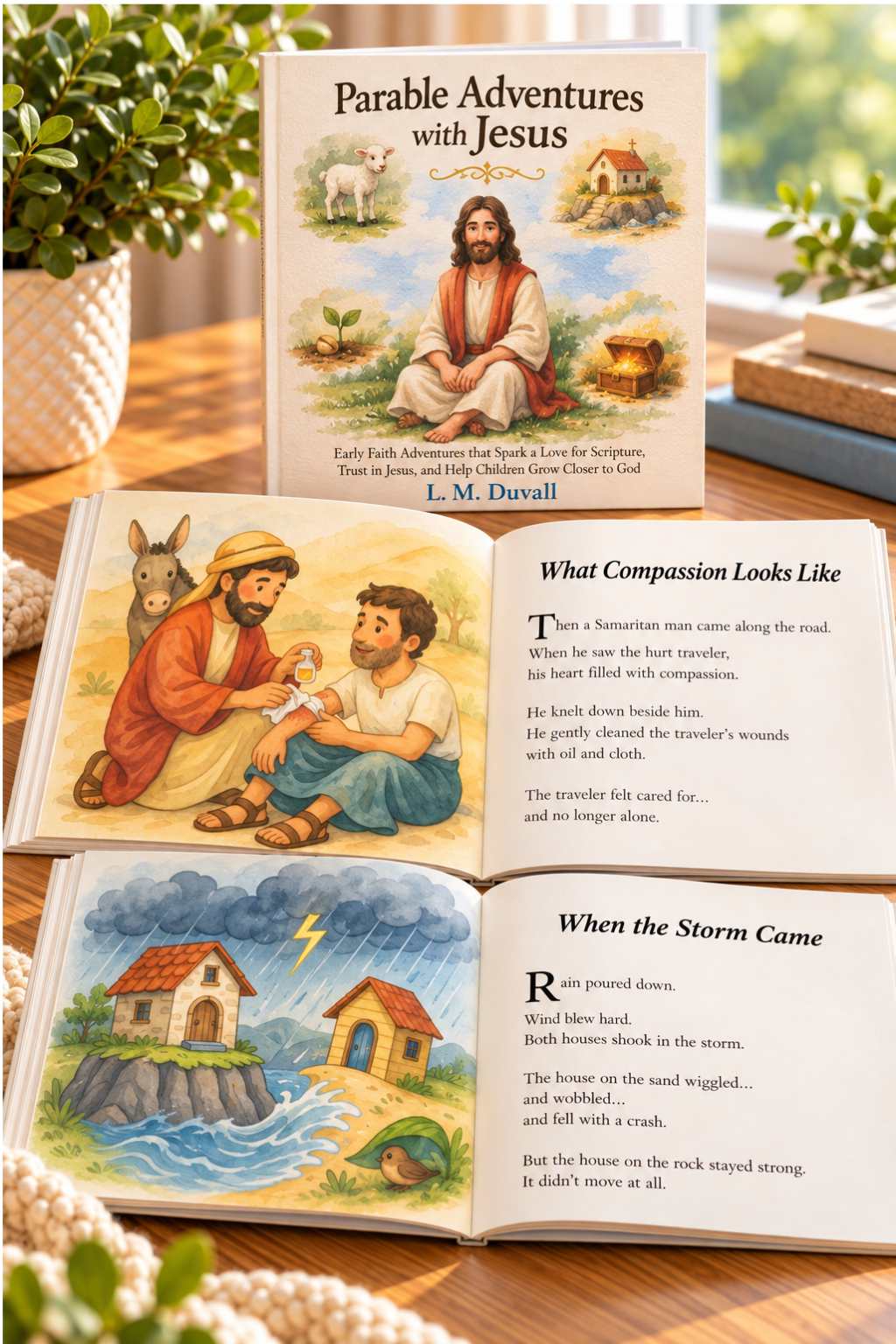 Parable Adventures with Jesus by L. M. Duvall, a Christian children’s book for ages 4–7, displayed on a warm wooden tabletop. Open pages feature watercolor illustrations and stories from the Good Samaritan and the Wise and Foolish Builders, teaching children about compassion, kindness, wisdom, and trusting Jesus.