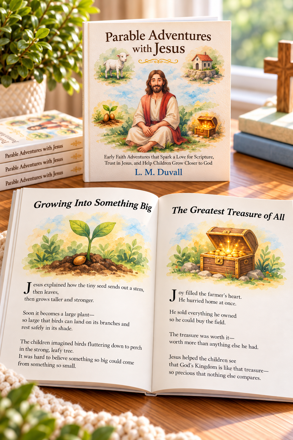 Parable Adventures with Jesus by L. M. Duvall, a Christian children’s book for ages 4–7, displayed on a warm wooden tabletop. Open pages feature watercolor illustrations of a growing mustard seed and a treasure chest, alongside the stories “Growing Into Something Big” and “The Greatest Treasure of All,” teaching children about growing in faith and the priceless value of God’s Kingdom.