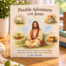 Parable Adventures with Jesus by L. M. Duvall, a Christian children's book for ages 4–7, displayed on a warm wooden tabletop with soft natural lighting and greenery. The watercolor cover features Jesus surrounded by illustrations of a lamb, mustard seed, house on a rock, and hidden treasure, representing biblical parables that teach children about faith, kindness, and God's love.