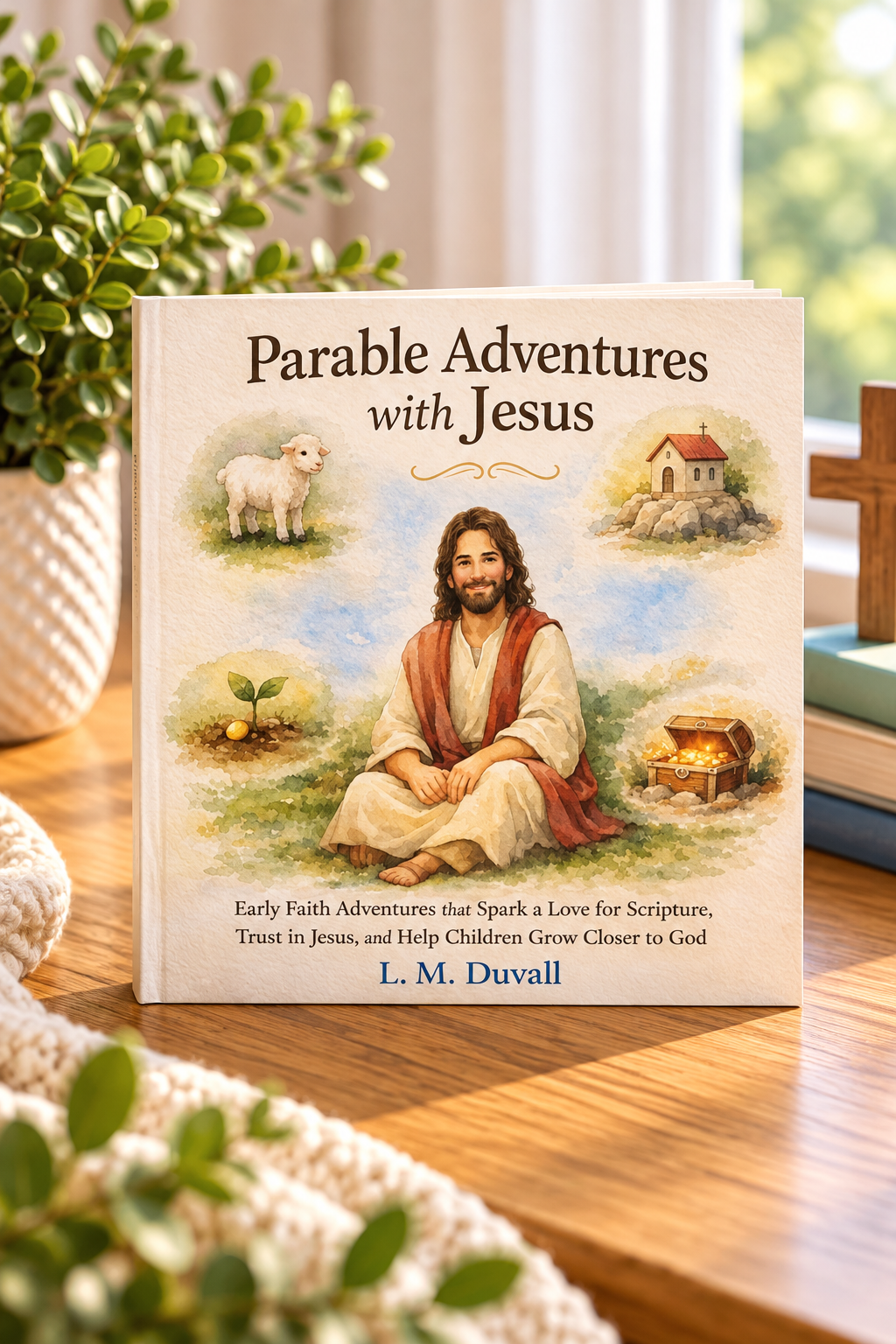 Parable Adventures with Jesus by L. M. Duvall, a Christian children's book for ages 4–7, displayed on a warm wooden tabletop with soft natural lighting and greenery. The watercolor cover features Jesus surrounded by illustrations of a lamb, mustard seed, house on a rock, and hidden treasure, representing biblical parables that teach children about faith, kindness, and God's love.