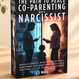 3D paperback mockup of The Path to Peace: Co-Parenting with a Narcissist by L J West, featuring two adults standing apart with a child between them.