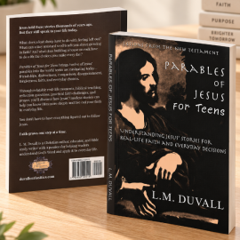 3-D paperback edition of Parables of Jesus for Teens by L. M. Duvall displayed on a warm wooden study desk.
