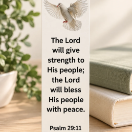 Psalm 29:11 Christian bookmark featuring a white dove and Bible verse about God giving strength and peace.