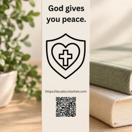 Back of Psalm 29:11 Christian bookmark with “God gives you peace,” heart and cross shield design, and Duvall Curiosities QR code.