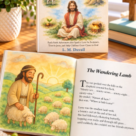 Parable Adventures with Jesus by L. M. Duvall, a Christian children's book for ages 4–7, displayed on a warm wooden tabletop. The open book features a watercolor illustration of a shepherd caring for his sheep and “The Wandering Lamb,” a story about Luna, a little lamb who wanders away, introducing children to Jesus' teachings about God's love and care.