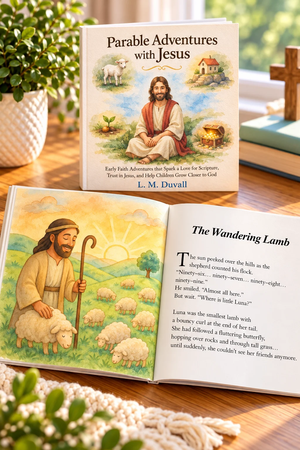 Parable Adventures with Jesus by L. M. Duvall, a Christian children's book for ages 4–7, displayed on a warm wooden tabletop. The open book features a watercolor illustration of a shepherd caring for his sheep and “The Wandering Lamb,” a story about Luna, a little lamb who wanders away, introducing children to Jesus' teachings about God's love and care.