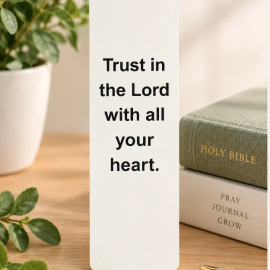 Trust in the Lord Christian bookmark inspired by Proverbs 3:5, displayed with a Bible, prayer journal, and greenery.