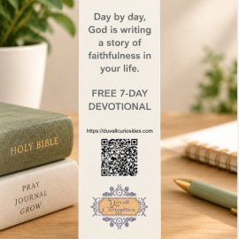 Back of Trust in the Lord Christian bookmark featuring an encouraging faithfulness message, free 7-day devotional, and QR code.