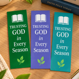 Trusting God in Every Season Christian bookmarks in green, purple, and teal displayed together on a warm wooden table.