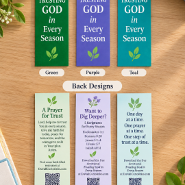 Trusting God in Every Season Christian bookmarks showing green, purple, and teal front and back designs with prayer, Scripture references, and devotional QR codes.