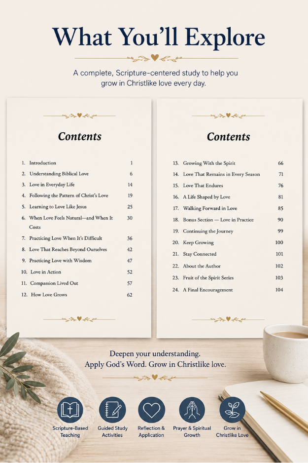 Fruit of the Spirit: LOVE adult Christian Bible study by L. M. Duvall, featuring a “What You’ll Explore” overview with two table of contents pages, Scripture-based teaching, guided study activities, reflection, prayer, and spiritual growth.