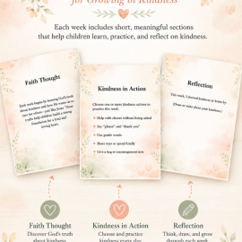 Small Acts. Big Love. children’s devotional interior preview featuring Faith Thought, Kindness in Action, and Reflection activities for growing in kindness.