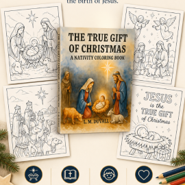 The True Gift of Christmas Nativity Coloring Book with sample coloring pages featuring the Holy Family, shepherds, wise men, angels, and Jesus.