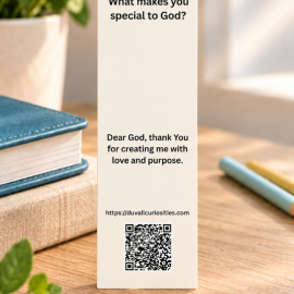Back of You Are God’s Masterpiece Christian bookmark featuring a reflection question, prayer, and QR code for Duvall Curiosities.