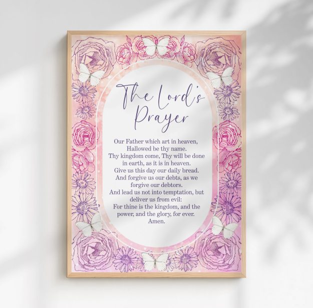 The Lords Prayer Wall Art,Hand Drawn Rose And Butterfly Border,Digital Download